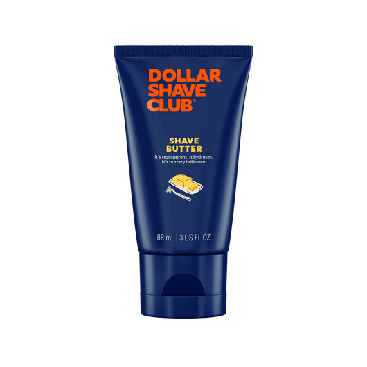 A blue tube of Dollar Shave Club Shave Butter, which is a translucent shaving cream alternative designed to help soften whiskers and enable precise navigation.